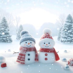 A snowman and snowwoman are hugging each other in the snow.