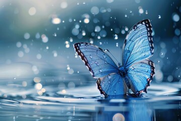 Beautiful blue butterfly with transparent wings on water.
