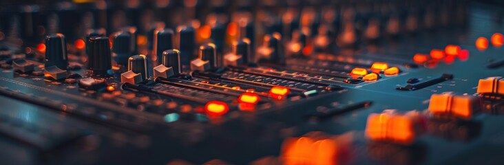 Close up of a sound mixing console.