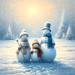 Painting of three snowmen that are standing in the snow. beautiful landscape of winter.