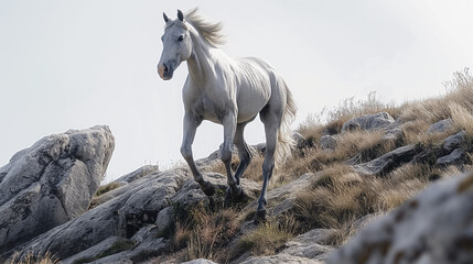 Fototapeta premium A white horse galloping across a rocky landscape