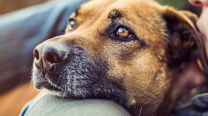 Obraz premium Loyal dog resting its head on its owner's lap, looking up with love-filled eyes on a transparent background