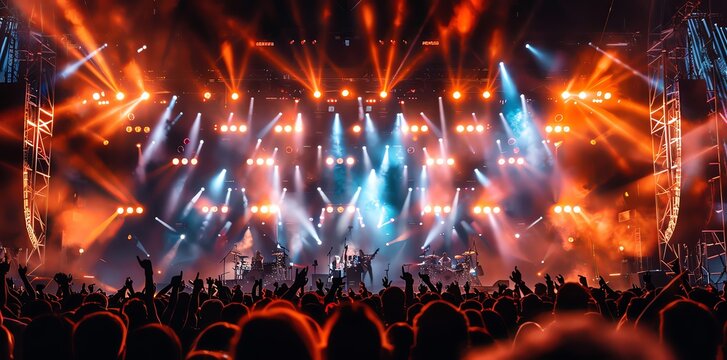 Stunning wide-angle photo of concert stage with bright lights and crowd cheering in front, dynamic composition, cinematic, epic. The photo captures the stage in the style of a cinematic, wide-angle sh