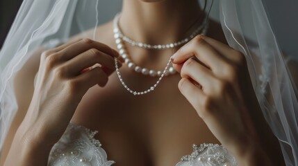 necklace jewelry on the neck of the bride, smooth-skinned, beautiful woman