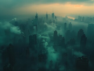 Fototapeta premium A city almost totally obscured by green smoke and fog and pollution. 