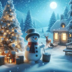A snowman with a Christmas tree and a house in the background.