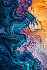 A colorful abstract painting with blue, orange, and purple swirls