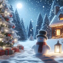 Painting of Snowy night scene with a snowman and christmas tree.