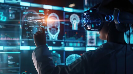 Digital healthcare and networking on modern virtual screens Close up of headphones and digital tablet with virtual patient's medical record on the interface.