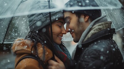 Man and woman enjoy relationship and happiness together in the rain in winter, romantic Asian couple love each other under umbrella on rainy day.