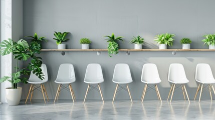 A Room design with rows of white plastic chairs, wooden shelves and green plants standing next to a gray wall inside a waiting room in a modern business office, empty wall space, banner background.
