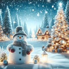 Beautiful of Snowy night scene with a snowman and christmas trees.