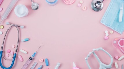 Top view with copy space of medical equipment, stethoscope, syringes, pills and scissors at edges on light pink banner background.
