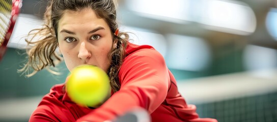 Female Pickleball player in a red sweatshirt playing at the indoor court, closeup of her face and arm holding a racket hitting a ball, blurred background, with a high-speed shutter.