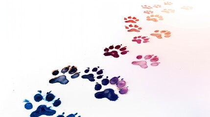 A footprints, paw print path Dog paws. Kitten. Paw prints of bright colors of animals, silhouettes on a white background.