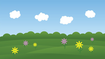 landscape cartoon scene. colorful flower on green field with sun and white cloud on blue sky background