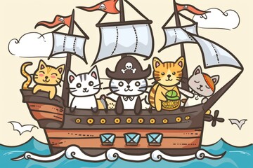 Fototapeta premium Cartoon cute doodles of a pirate ship crewed by cats on a quest for the ultimate treasure, Generative AI