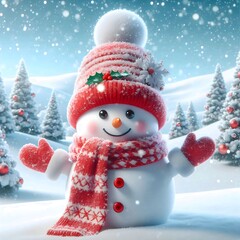 Snowman in a red hat and scarf standing in a snowy field.