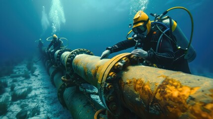 An Expert technicians are diving to install underwater oil and gas pipelines in blue undersea industrial equipment for energy transportation.