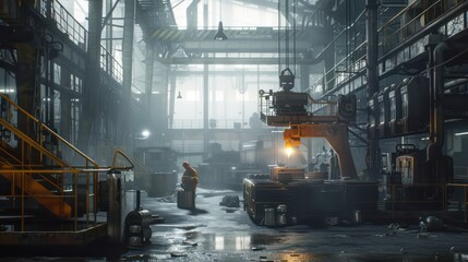 A Worker in heavy industrial engineering factory interior with worker using angle grinder and cutting metal photorealistic studio lighting.