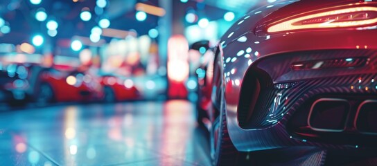 Close up of the rear of a sport car with an exhaust pipe and carbon fiber on a blurred background.