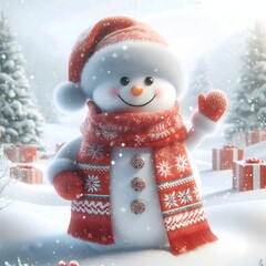 A snowman wearing a red hat and scarf is standing in a field covered in snow.