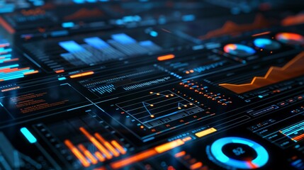 High-tech digital interface with interactive graphs and data visualizations.
