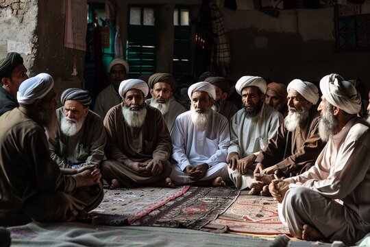 Islamic scholars discussing the significance of the New Year in a gathering.