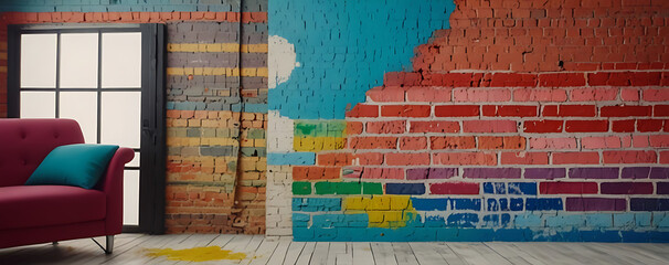 A room with a brick wall painted with paint of different colors. studio, modern museum or gallery...
