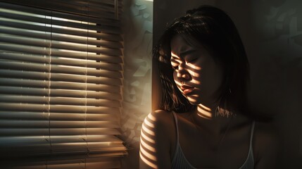A Domestic violence: Asian woman sitting depressed alone in bedroom Feeling sad and disappointed in love In a dark bedroom and sunlight from the window coming through the blinds.