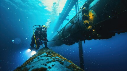 An Expert technicians are diving to install underwater oil and gas pipelines in blue undersea industrial equipment for energy transportation.