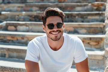 Handsome man in sunglasses wearing a white t-shirt smiling.