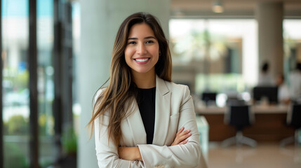 Obraz premium Confident young businesswoman standing with arms crossed in office