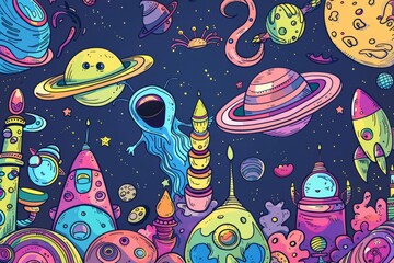 Naklejka premium Cartoon cute doodles of a space circus with alien performers and gravity-defying acts, Generative AI