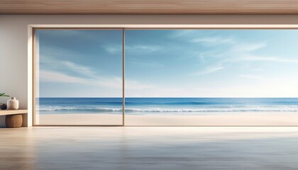 The photo shows a beach house with a large glass window overlooking the ocean