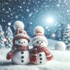 Two snowmen are standing in the snow looking beautiful.