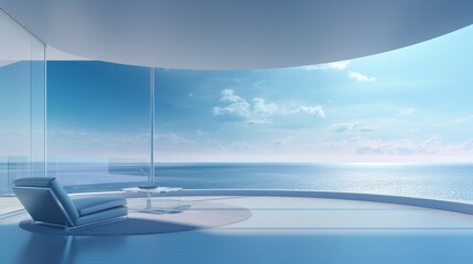 Fototapeta premium A modern living room with a large glass window looking out onto the ocean