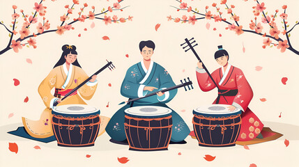 Musicians of Korean Asian people flat illustration, generative Ai