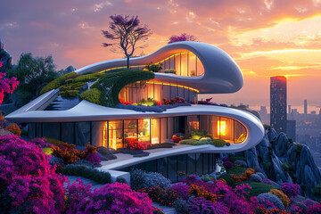Generate an image of a futuristic, sleek mansion surrounded by meticulously manicured gardens...