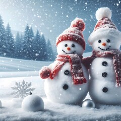 Two lovely snowmen are standing together in the snow.