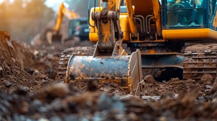 Close-up view of a powerful excavator digging and moving dirt at a construction site, showcasing heavy machinery and earth-moving operations in an industrial setting