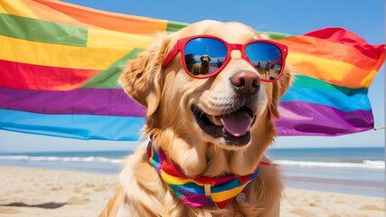 Joyful golden retriever Summertime beach vacationing labrador sporting mirrored multicolored sunglasses. Rainbow flag celebrations during Pride Month with dogs