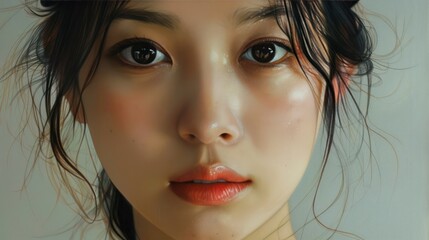 A portrait of unparalleled realism portrays a beautiful 23-year-old Sakai woman, her calm and natural demeanor radiating timeless elegance and grace.