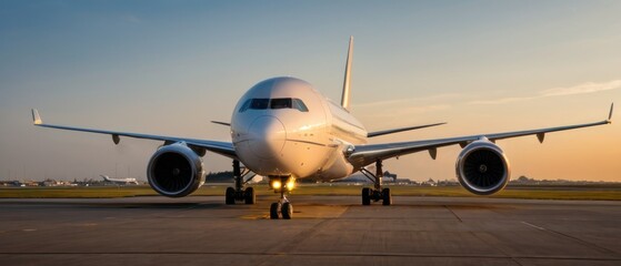 Obraz premium airplane on the runway at golden hour lighting sunset