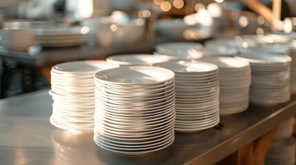 Cinematic side view of stacked white plates on an empty table with soft lighting, shallow depth of field, and soft focus, creating an elegant atmosphere highlighting food presentation