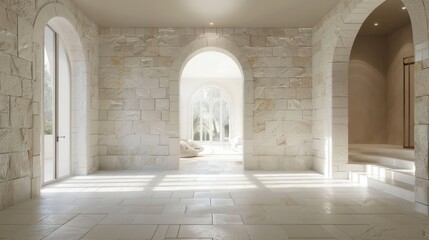 Classic modern house interior design with white rough stone walls, villa interior clean and tidy, large glass window.