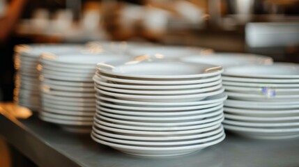 Cinematic side view of stacked white plates on an empty table with soft lighting, shallow depth of field, and soft focus, creating an elegant atmosphere highlighting food presentation