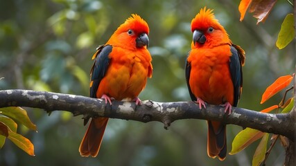 Seated on a tree, a magnificently colorful bird is cleaning his body. Amazing orange and crimson birds in Brazil's Amazon.