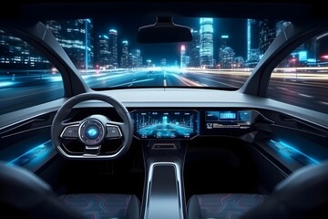 Futuristic Autonomous Vehicle Cockpit with Digital Screens and Advanced Technology
