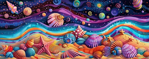 An abstract painting of a beach scene